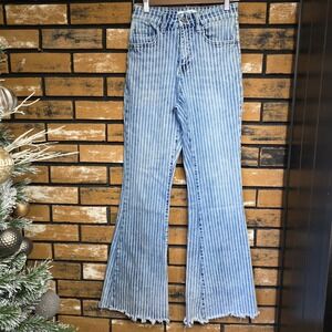 Willow & Root Womens 25x32 The Flared Out Raw Hem Blue and  White‎ Stripe Jeans